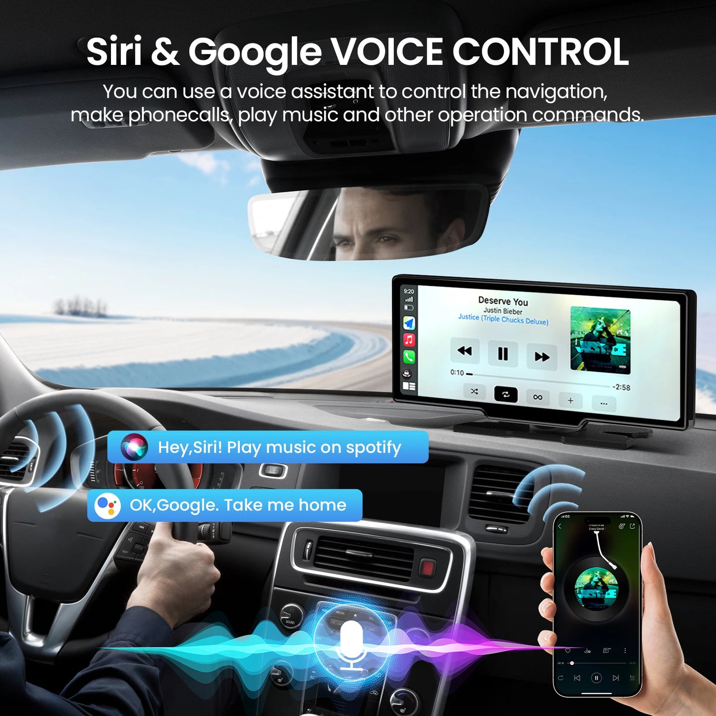 Wireless CarPlay & Android Auto Screen with 4K Dash Cam, 9” Touch Display, GPS, Backup Camera