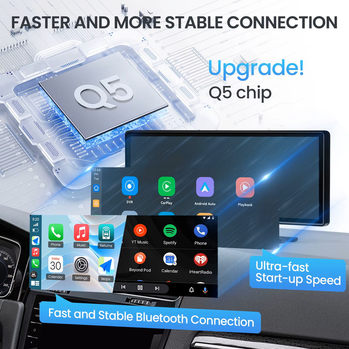 Wireless CarPlay & Android Auto Screen with 4K Dash Cam, 9” Touch Display, GPS, Backup Camera