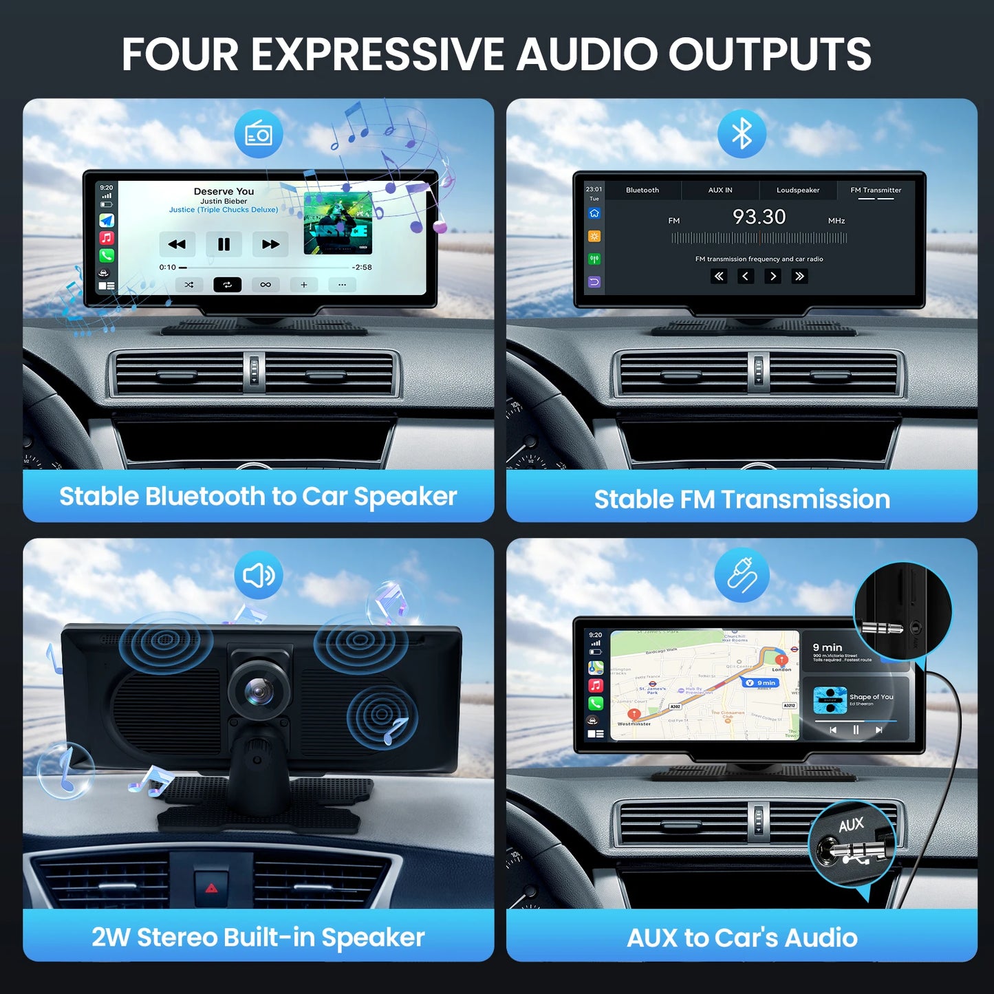 Wireless CarPlay & Android Auto Screen with 4K Dash Cam, 9” Touch Display, GPS, Backup Camera
