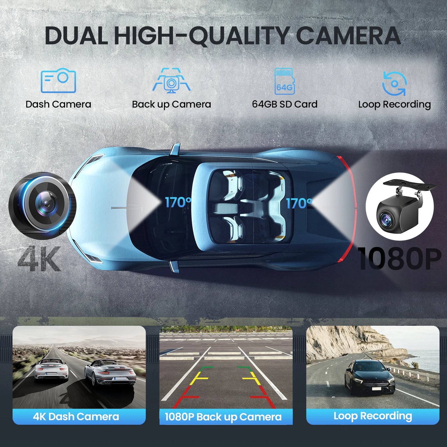 Wireless CarPlay & Android Auto Screen with 4K Dash Cam, 9” Touch Display, GPS, Backup Camera