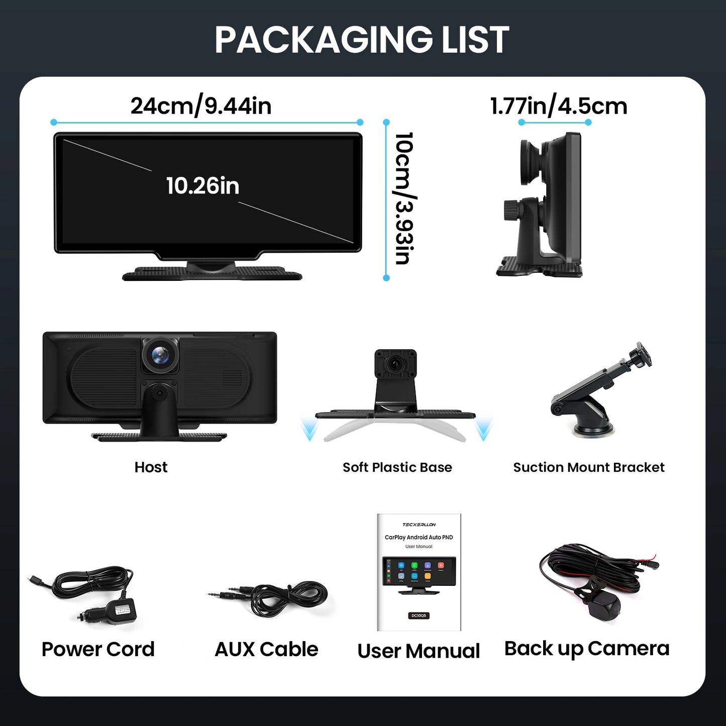 Wireless CarPlay & Android Auto Screen with 4K Dash Cam, 9” Touch Display, GPS, Backup Camera