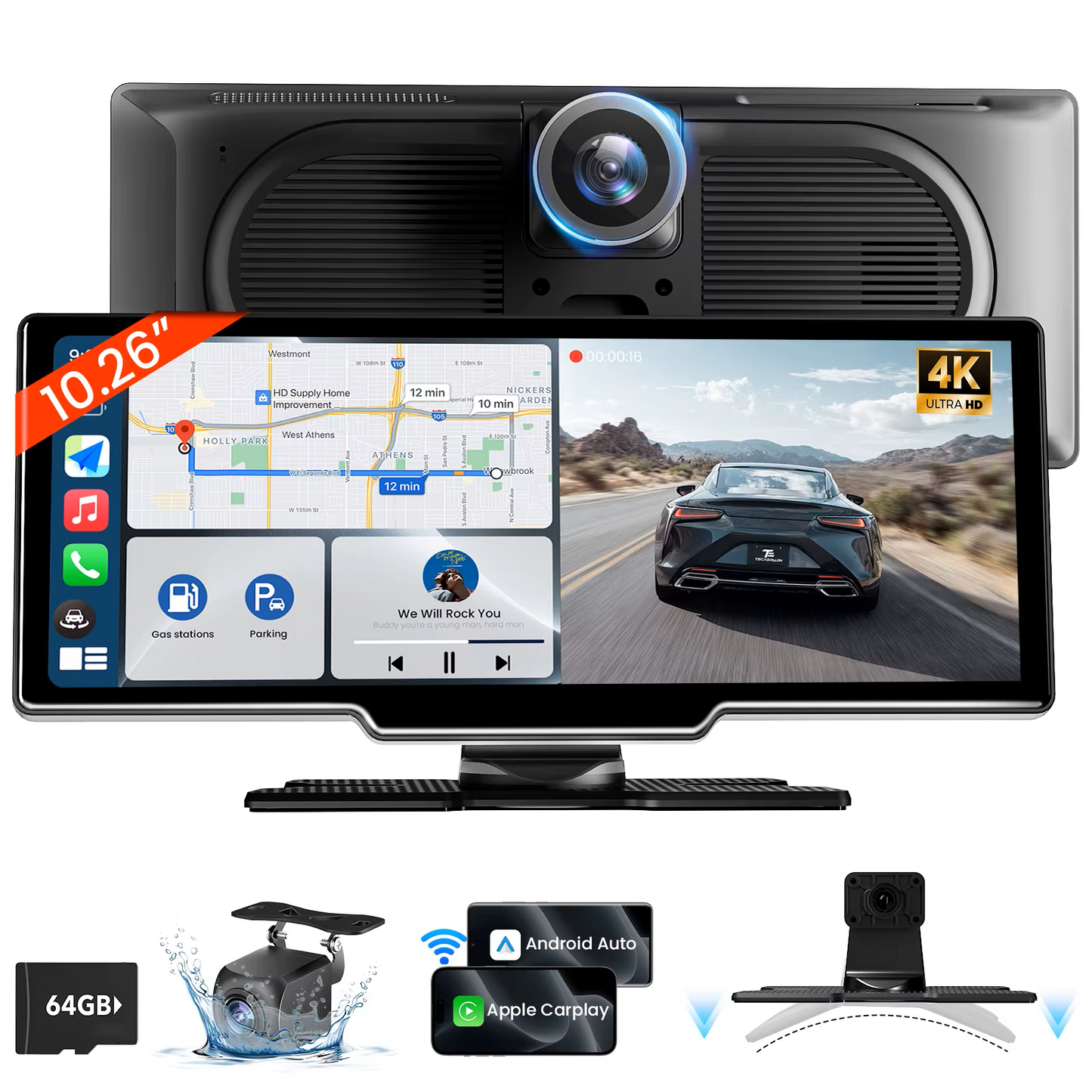Wireless CarPlay & Android Auto Screen with 4K Dash Cam, 9” Touch Display, GPS, Backup Camera